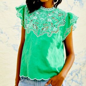 Love The Label Tuckernuck $300 Green Paradise Thea Open Work Eyelet Blouse Small